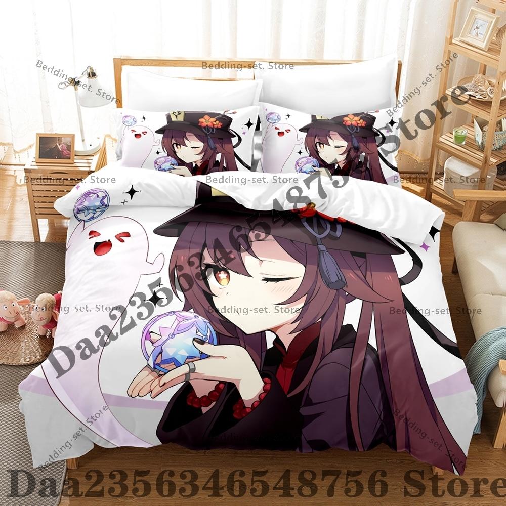 Set de așternuturi Anime Hu Tao Personalitate Ani Set de așternuturi din Trei Piese - Set de Plapumă de Lux cu Dimensiune Queen King Inclusiv fețe de pernă
