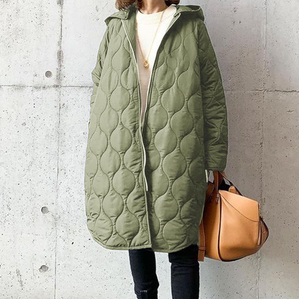 Women's Vintage Hooded Down Coats Elegant Diamond Plaid Long Warm Down Jackets Long Sleeve Zippers Padded Jacket Overcoat