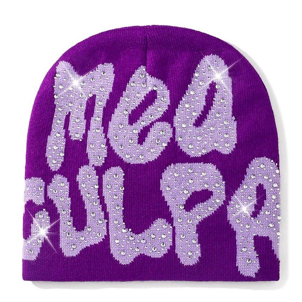 Trendy Stretch MEA Culpa Beanies Hat with Rhinestone Warm Soft y2k Beanies Hats Knitted Hip-hop Hat for Women Men