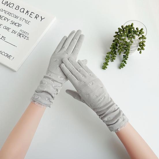 1 Pair Floral Print Anti-slip Palm Driving Gloves Full Finger Lace Stitching Wrist Extended Girls Outdoor Riding Sunscreen Mittens Cycling Accessories