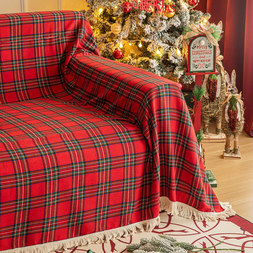 Christmas Plaid Couch Cover with Tassel Washable Sofa Covers Couch Furniture Protector Seat Slipcover Sofa Towel for Living Room