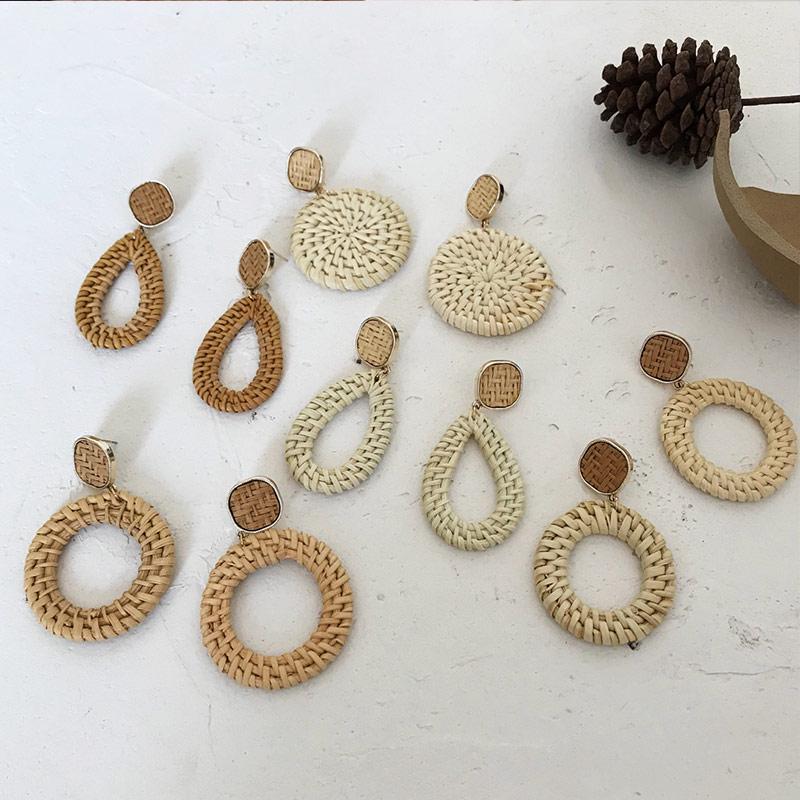 Earrings Gift Ear Geometric Stud Dangle Jewelry Women Woven Straw Rattan Wooden Unique