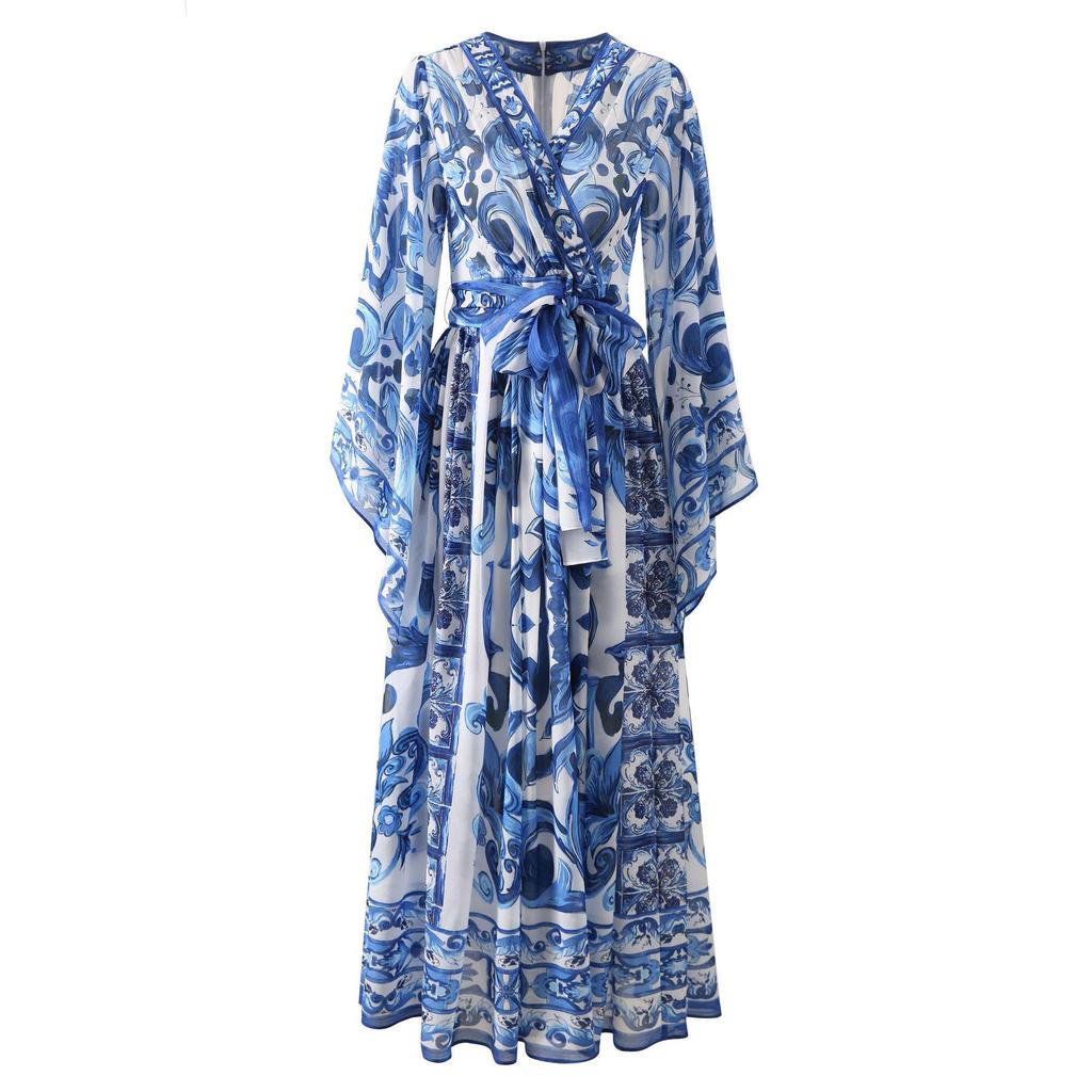 European & American Women's Chiffon Silk V-Neck Floral Print Maxi Dress