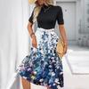 Women's Fashion Casual Belt Short Sleeve Round Neck Floral Elegant Temperament Dress