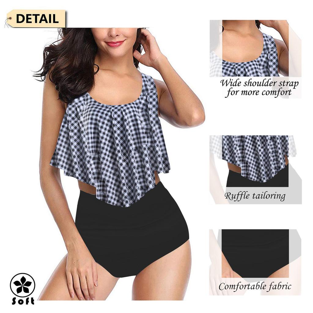 Бикини с рюшами и принтом закрывает живот и демонстрирует тонкий разделенный купальник для женщин