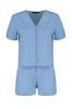Women's Fashion New Pajama Set Blue 100% Cotton Collar Detailed Viscose Shirt-Shorts Woven Pajama Set