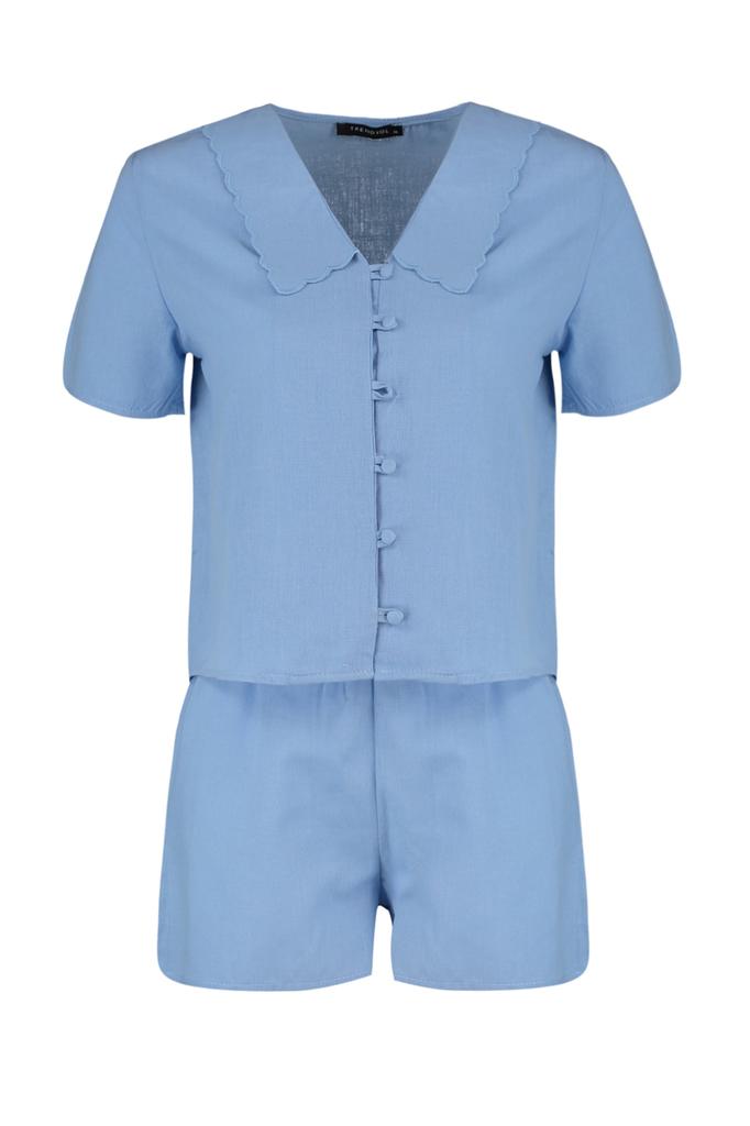 Women's Fashion New Pajama Set Blue 100% Cotton Collar Detailed Viscose Shirt-Shorts Woven Pajama Set