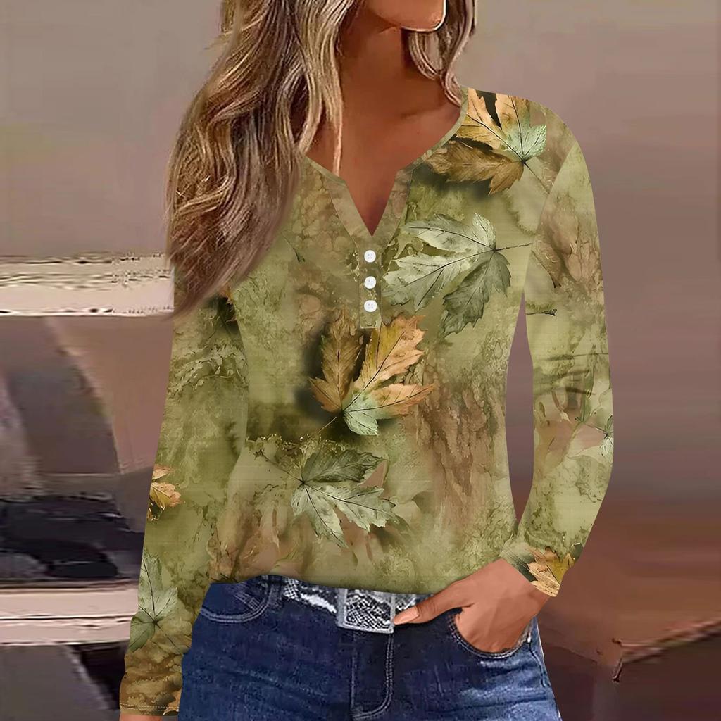 Женская модная повседневная футболка с V-образным вырезом и принтом листьев, с длинными рукавами и декоративными пуговицами