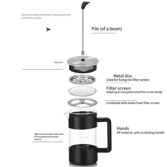 1000ml French Press Coffee Maker 34oz Heat-Resistant Borosilicate Glass No-Drip Spout