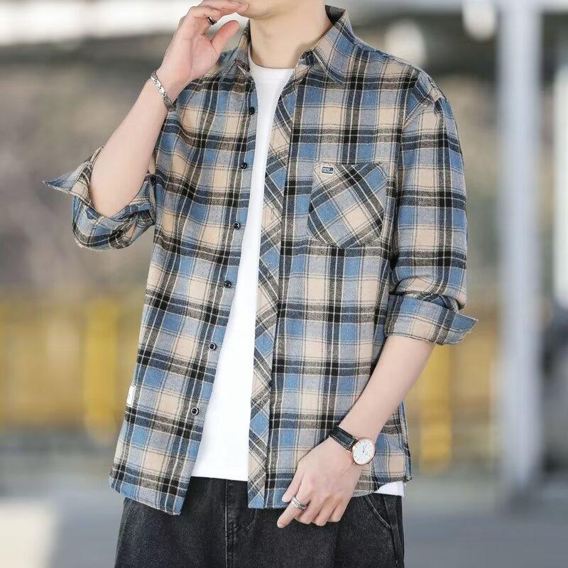 Spring and Autumn New Plaid Shirt Men's Lapel Shirt Korean Version of Loose Versatile Casual Long-sleeved Shirt Versatile