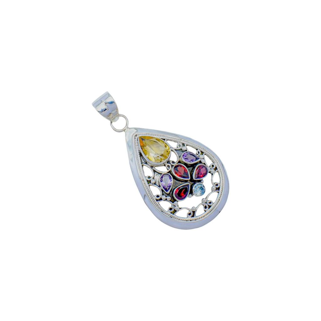 Multi-Gemstone 925 Sterling Silver Pendant - Citrine, Garnet, Amethyst