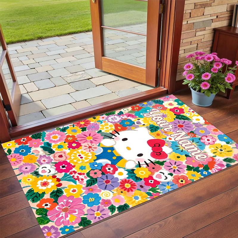 Crystal Velvet Rug Custom Name Text, Soft Non Slip Floor Mat Home DecorHello Kitty