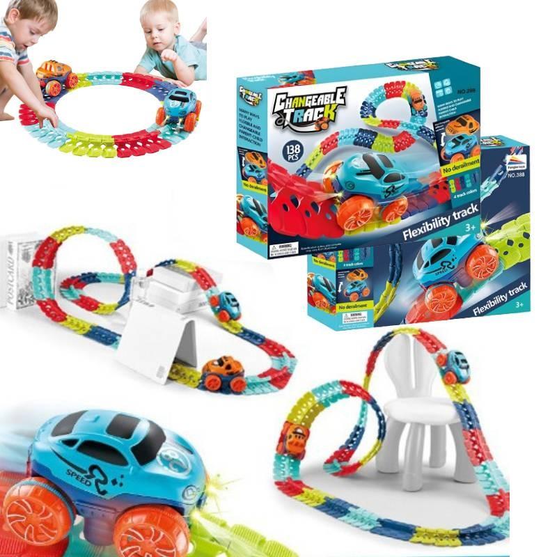 Захватывающий электрический трек для американских горок, бросающий вызов гравитации, с красочными огнями и магнитными элементами