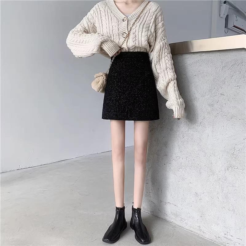 Основные моменты Женская черная шерстяная юбка-бодикон с высокой талией размера плюс - маленькая, короткая для осени/зимы 2025