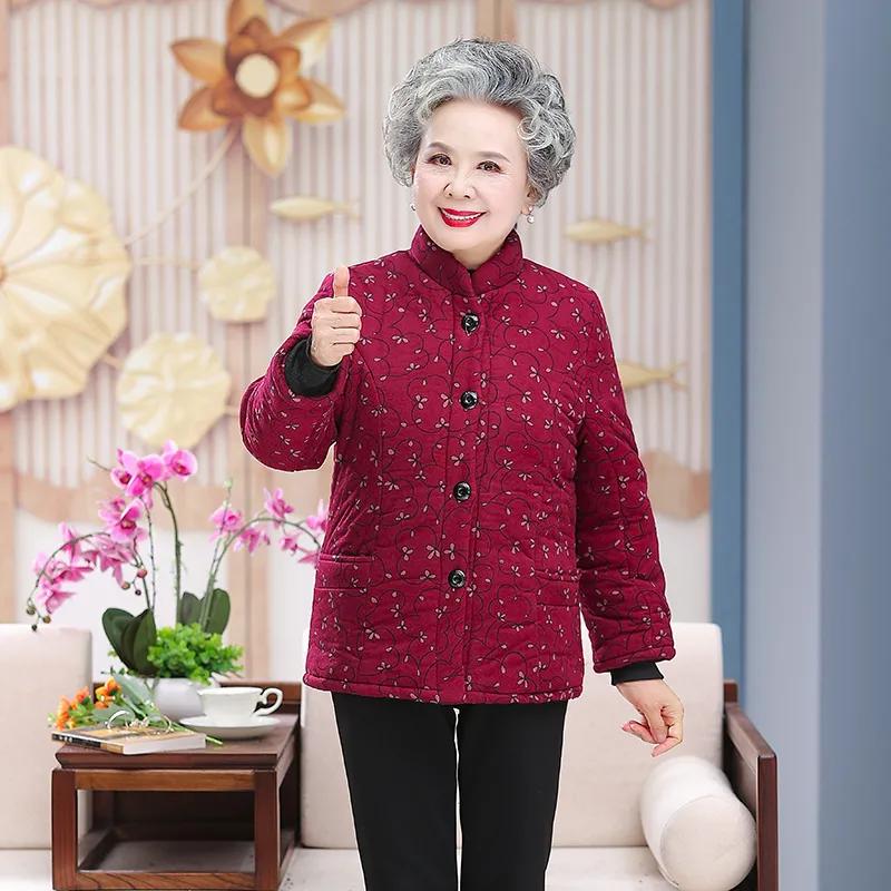 Older Women Winter Jacket Autumn Velvet Mom Outerwear Warm Cotton Padded Jacket Plus Size Winter Loose Cotton Coat
