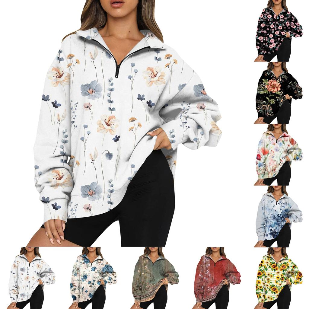 Women's Casual Fashion Long Sleeve Print Oversize Zip Sweatshirt Top