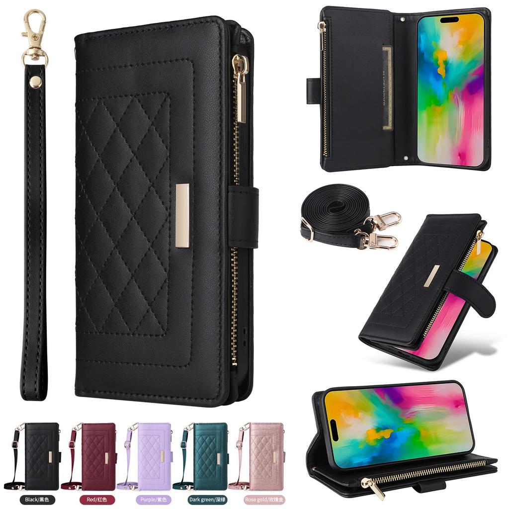 Wrist Strap Zipper Wallet with Card Holder Phone Case for IPhone 16 15 Plus 14 13 12 11 7 8 Pro Max XS X Crossbody Leather Cover