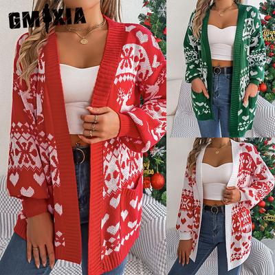 Осень Зима Рождество Олень Карман Кардиган Свитер Пальто Женская Одежда