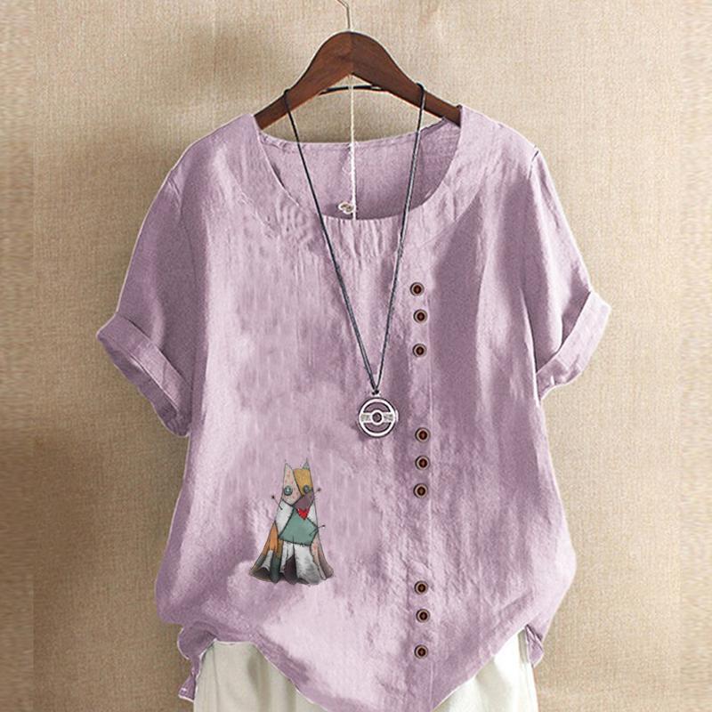 Женская мода, футболка с коротким рукавом и круглым вырезом, повседневная хлопково-льняная рубашка с рисунком, свободная летняя блузка с героями мультфильмов для отдыха, топы