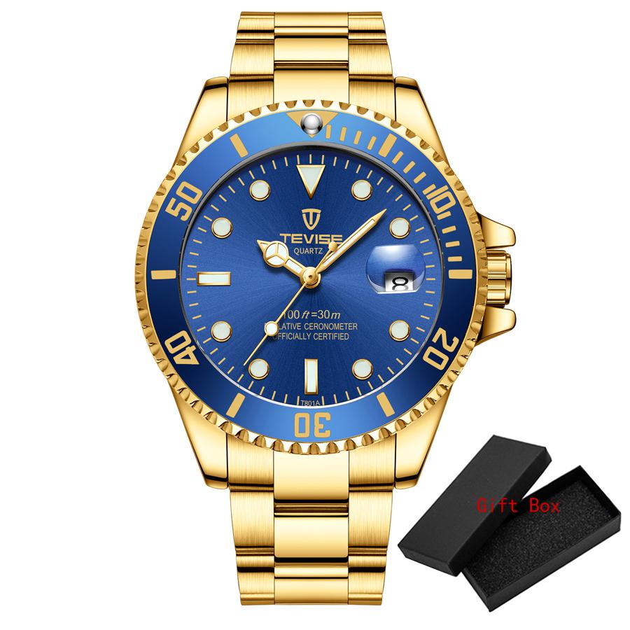 Fashion Tevise Men's Diver Style Quartz Full Stainless Steel Band And Luminous Dial Waterresistant Buseiness Watches