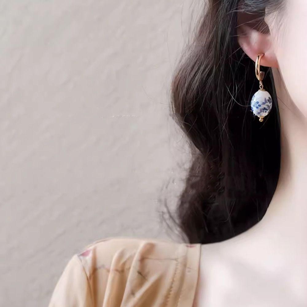 Bohemia Earrings Blue and White Porcelain Earrings Ceramics Flower Beaded Earring  Summer
