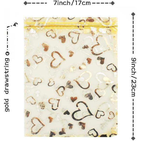 QIANHAILIZZ 100 шт. 18x23 см Мешочки с завязками Цветок Сердце Органза Мешочек для украшений Подарочный мешочек Мешочек для конфет Мешочки с завязками для свадебных сувениров (золотое сердце)