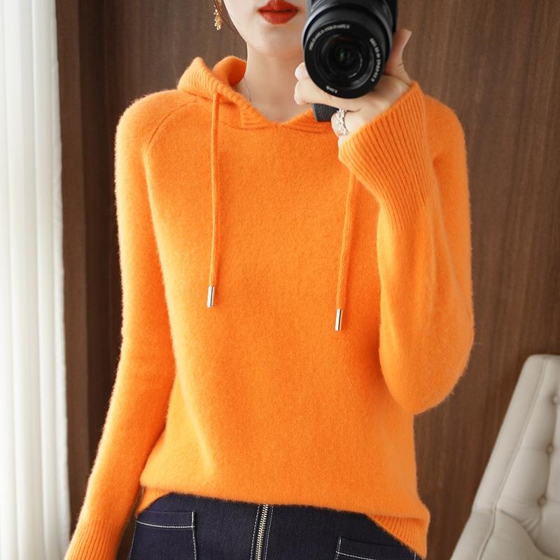 Autumn Winter Korean Ladies Hooded Long Sleeve Knitted Sweater Outerwear Zipper Solid Color Women's Fashion Top