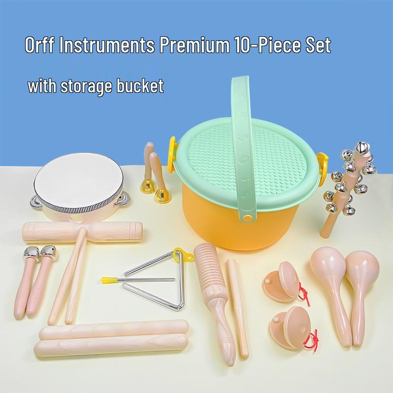 Детские музыкальные инструменты Орфа: Треугольник, Кастаньеты, Маракасы, Бубен, Деревянные бруски, Тарелки