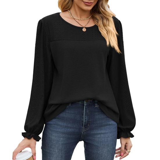 Женские топы с длинным рукавом и круглым вырезом, сетчатые топы, однотонные, дышащие, с рукавами-фонариками, повседневная футболка, повседневная одежда