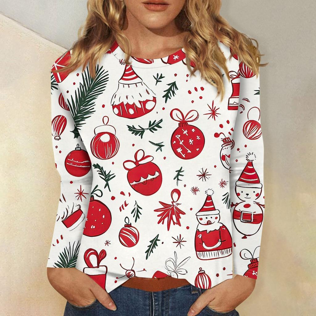 Women's Fashion Casual Christmas Printed Round Neck Long Sleeve Pullover Top