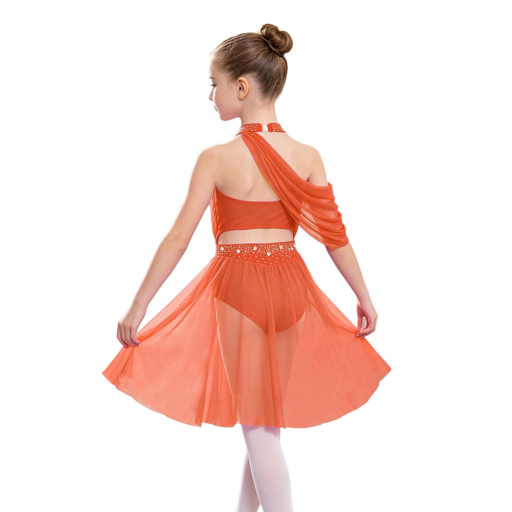 Girls Halter Backless Ruched Mesh Drape Dress Lyrical Dance Performance Rhinestone Costume
