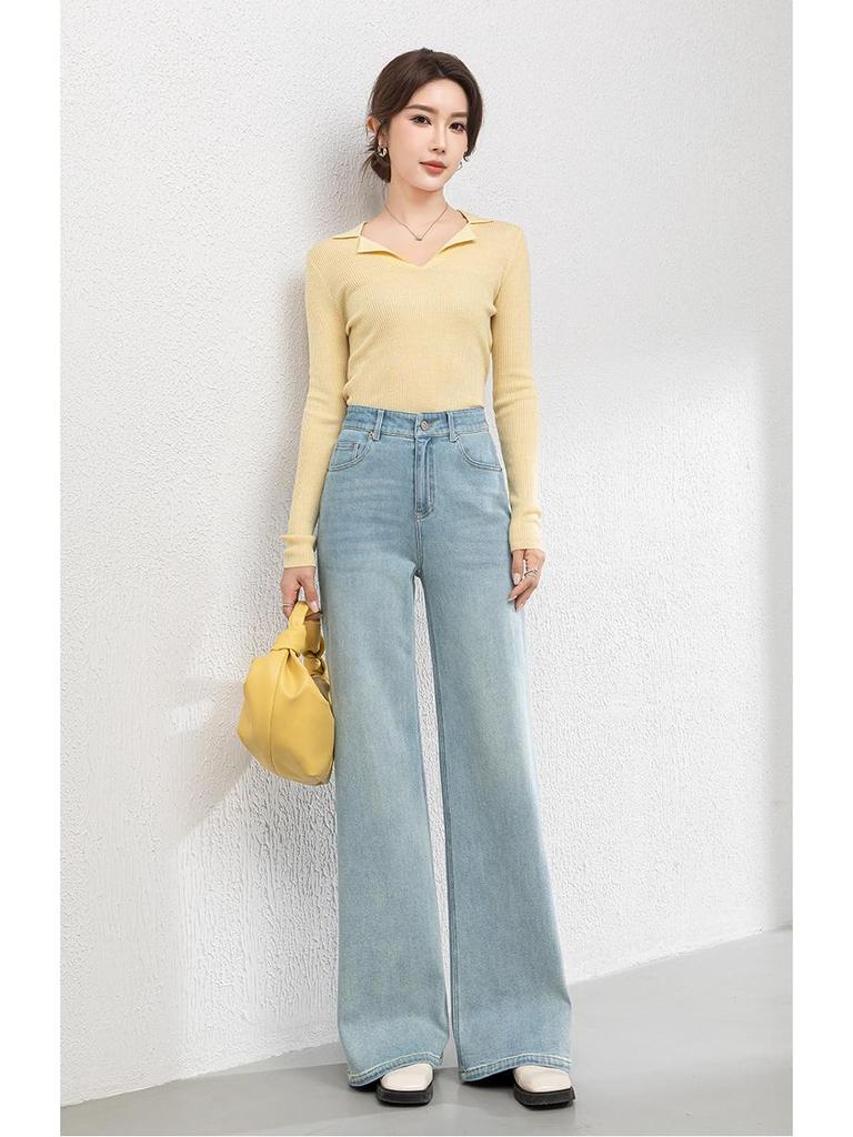2025 Autumn Women's Korean Style High Waist Loose Wide Leg Denim Flared Pants