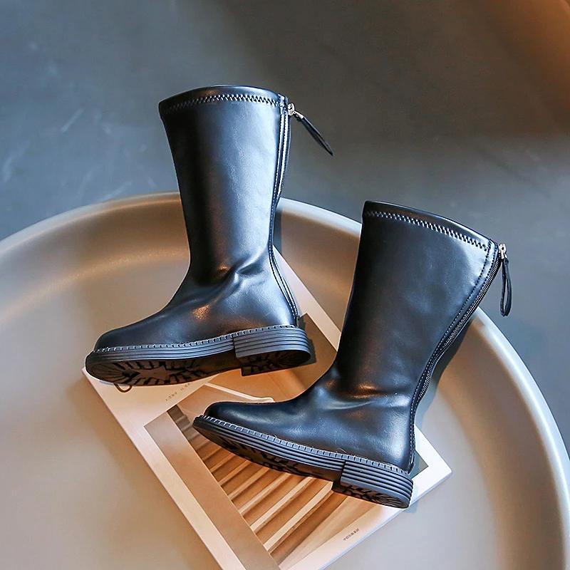 Children Leather Boots for Girls Simple Classic Fashion Kids Knee-high Boots Back Zipper Long Motorcycle Winter New Rubber Boots