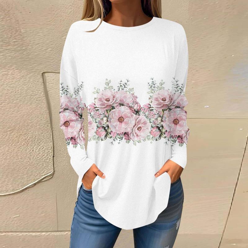 Повседневный топ с круглым вырезом и длинным рукавом, цветочная модная женская футболка большого размера с 3D-принтом, женские осенние свободные топы