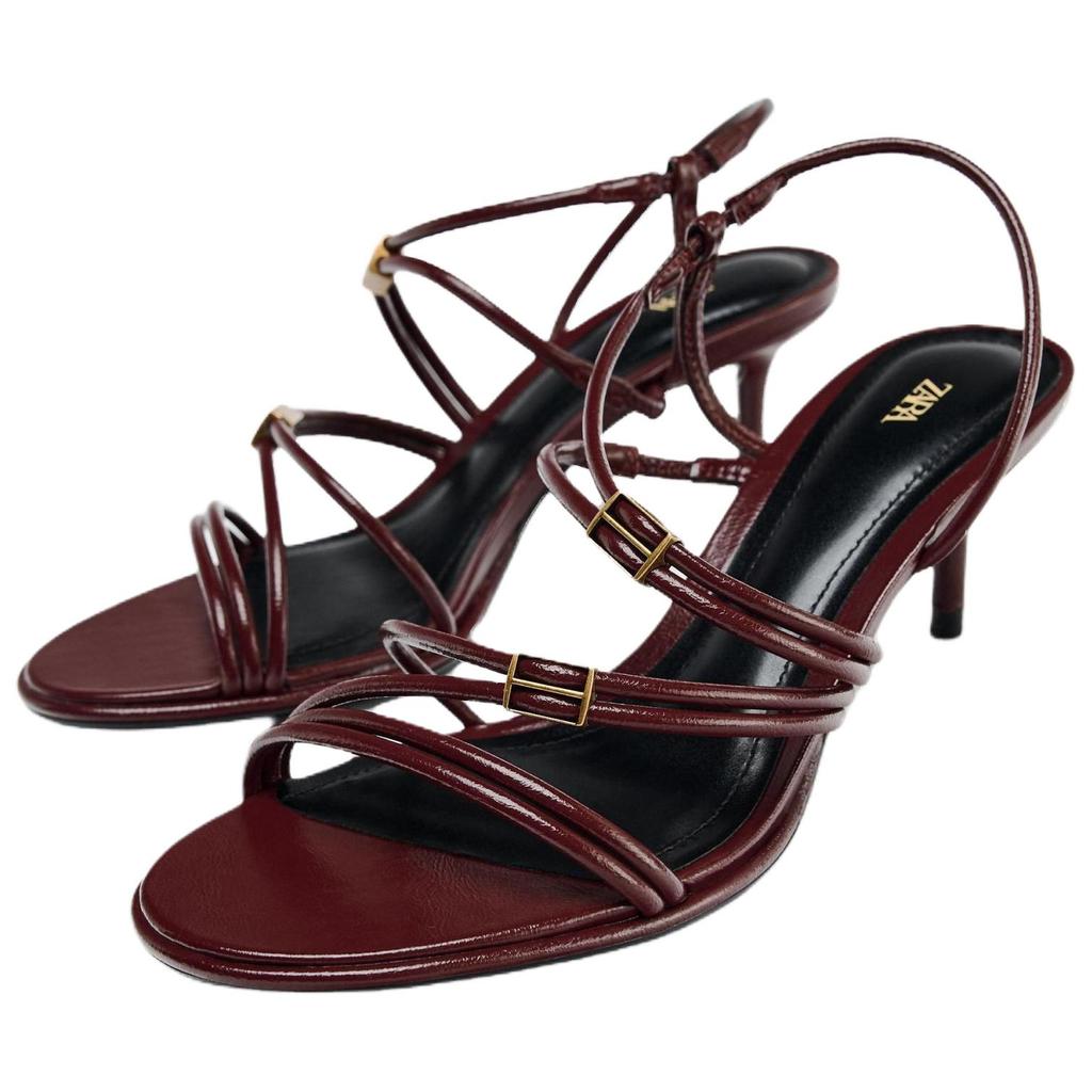 Zara ПУ Легкий Винтажный Ремешок Квадратный Носок Тонкий Высокий Каблук Сандалии 7См Женские Сандалии Малиновый 11308510022