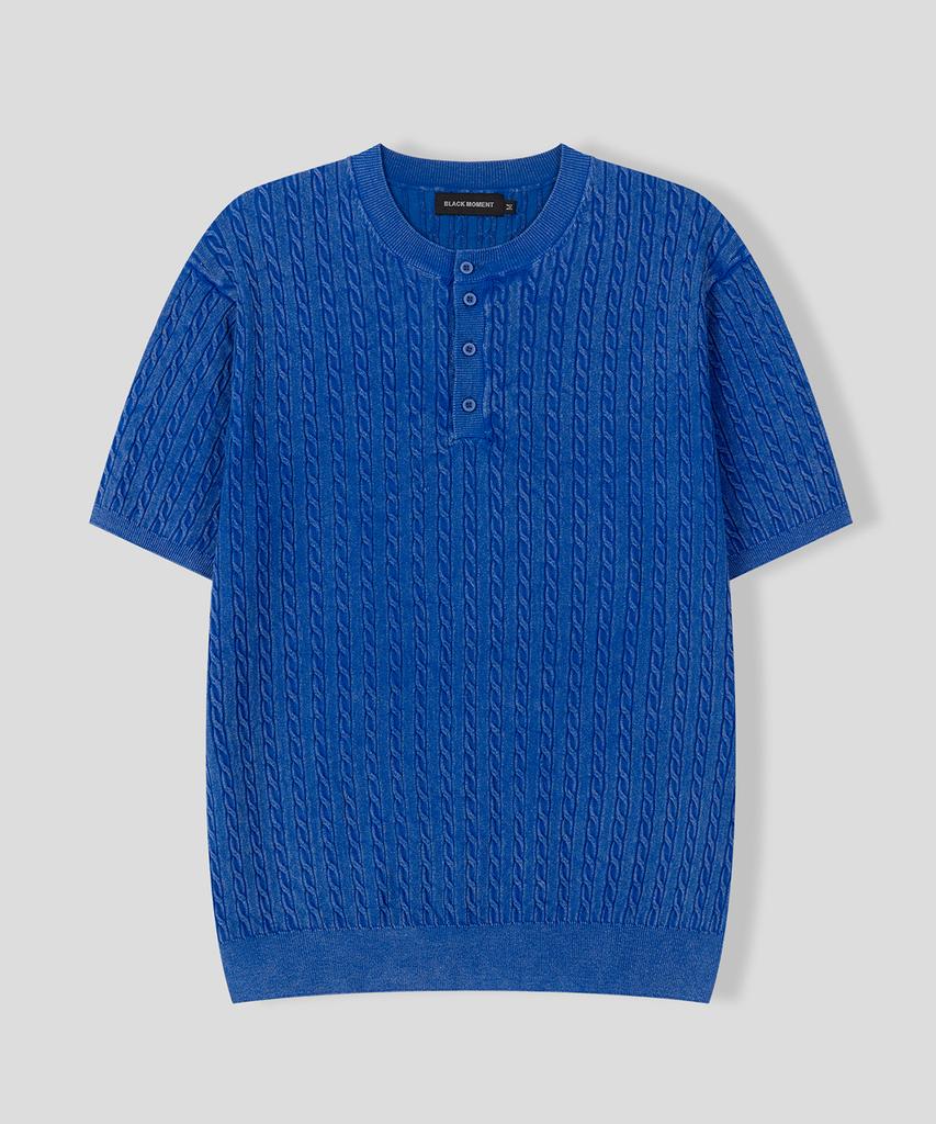 BLACK MOMENT Summer Cable Knit Henley Neck Short Sleeve Tee [Light Gray]