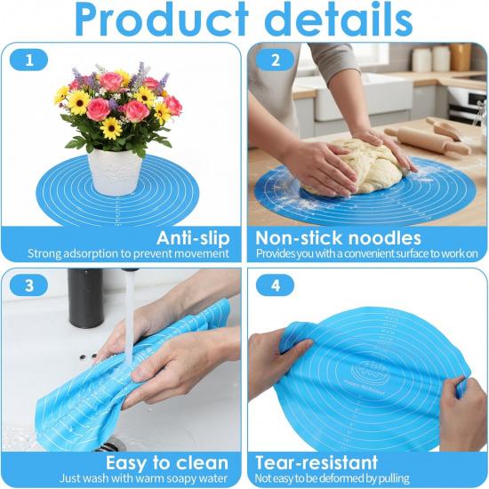 2 Pcs Silicone Cake Mat, 12 Inch Round Silicone Baking Mat with Measurements Pink Blue Turntable Pastry Mats Non-Stick Heat Resistant Reble Cookie