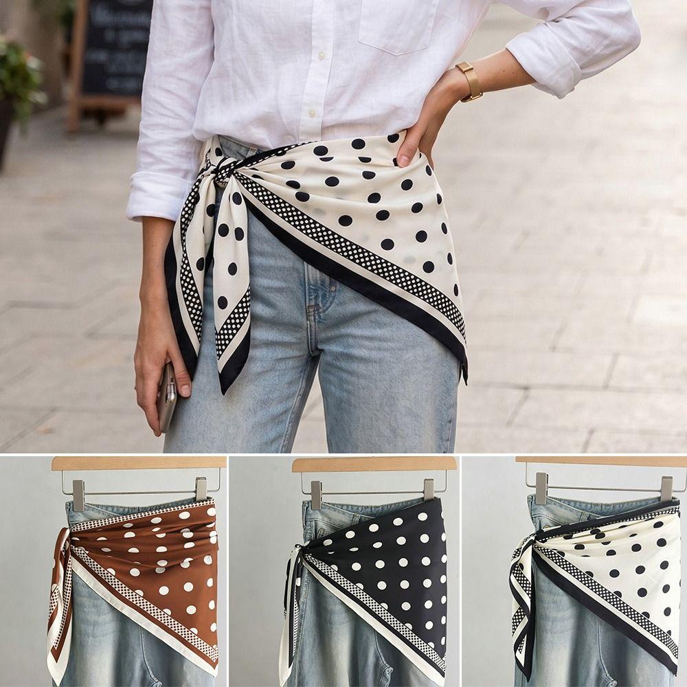 New Multi-functional Polka Dot Triangle Scarf Matching Pants Silk Satin Waist Belt Decorative Headscarf