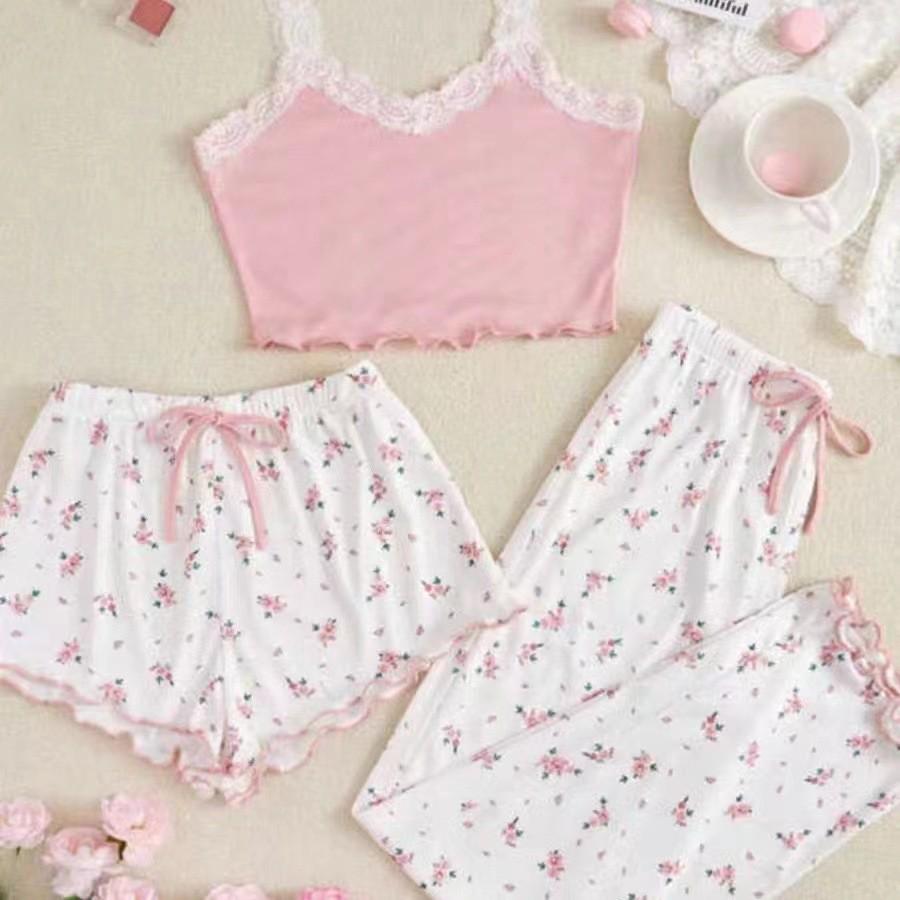 Пижамный комплект из цветочного кружева для женщин - Милая летняя майка с короткими и длинными брюками