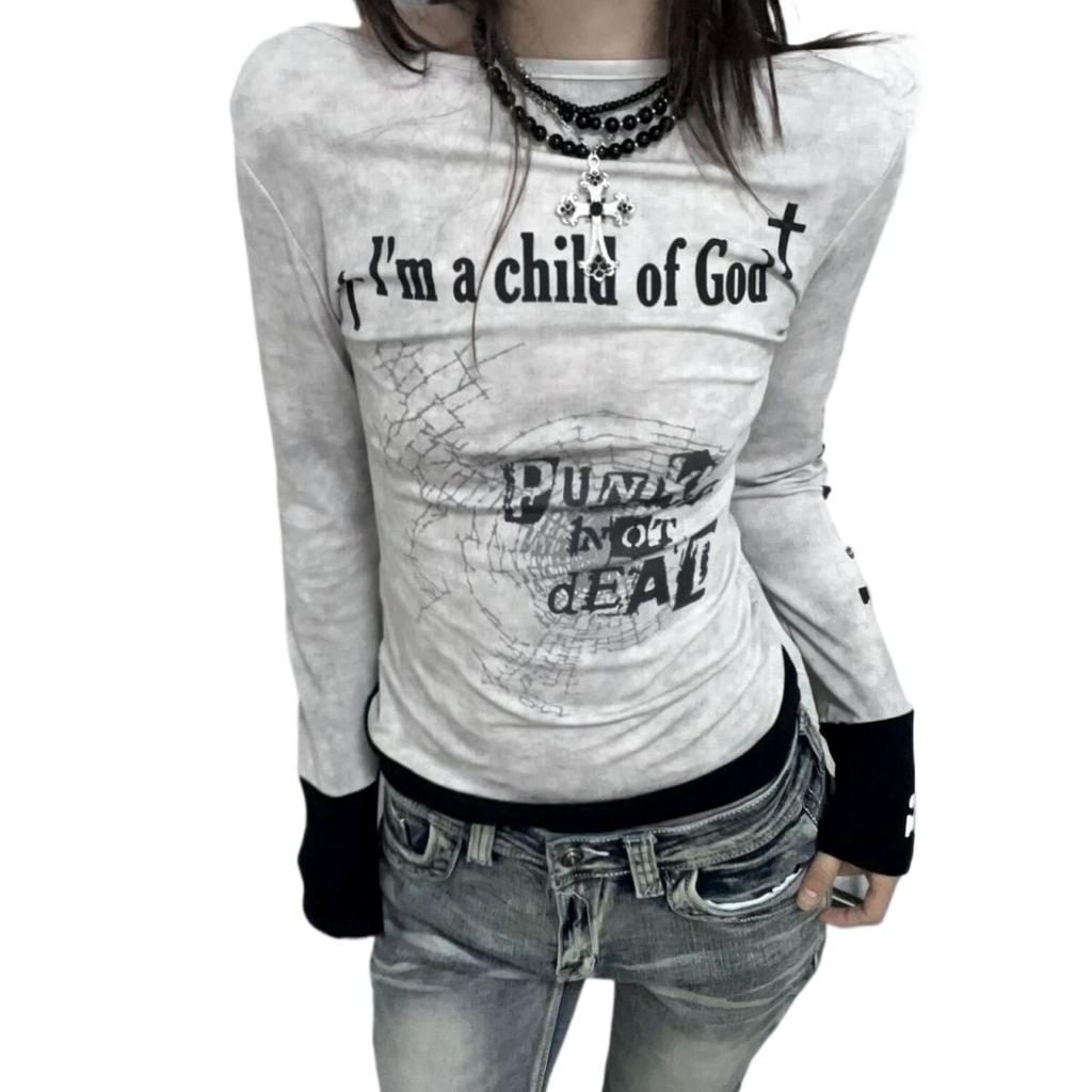 Осенний одно плечо сексуальный панк-дизайн Sense Cross с длинными рукавами Y2K Spicy Girl Slim Fit винтажные топы Тонкие и универсальные топы