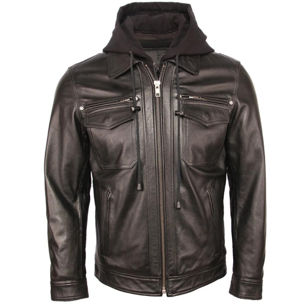 Chinese Size Men Genuine Leather Jacket Quilted Hood Removable 100% Cowhide Coat Genuine Leather Jackets Man Winter Coat Warm Clothing