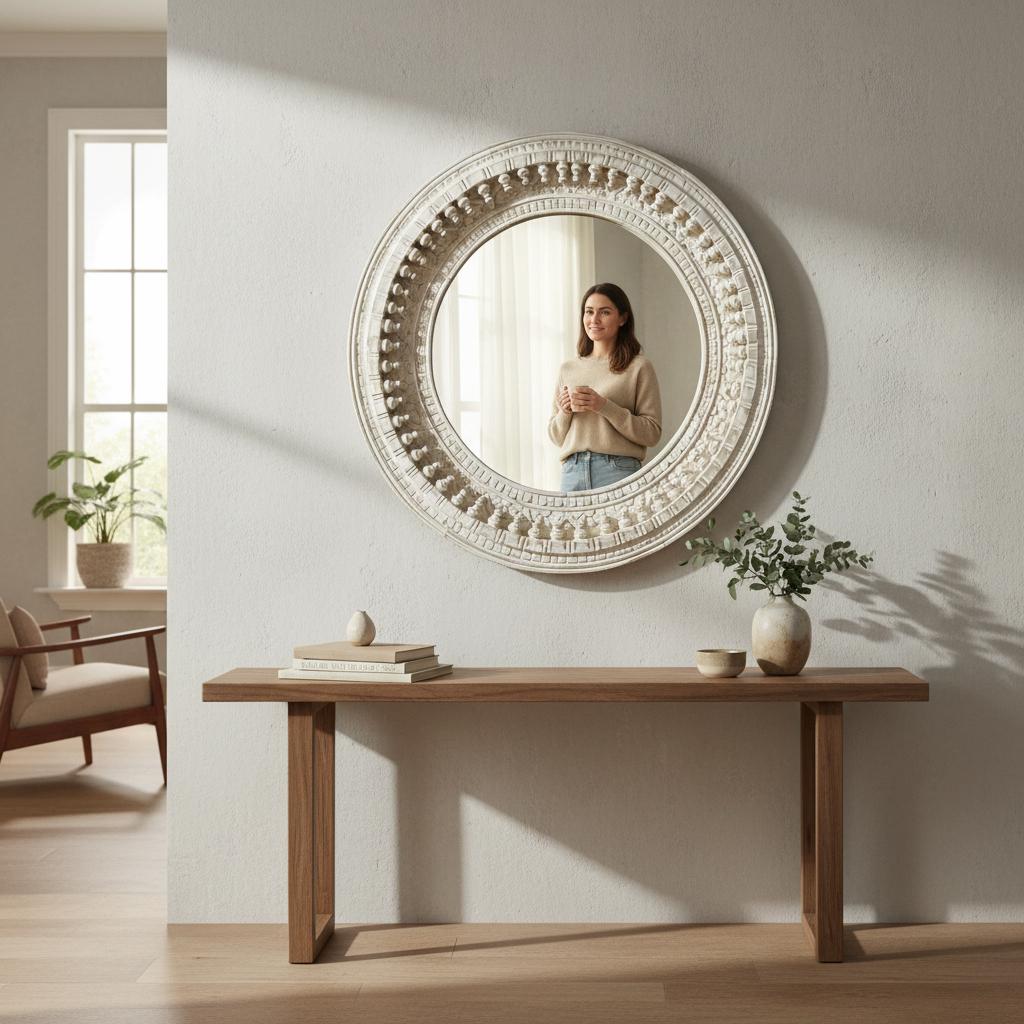 Wooden Carved Round Wall Mirror-Distressed White Finish Mirror, Boho Wall Decor, Indian Accent Mirror for Bedroom or Living Room Home Decor