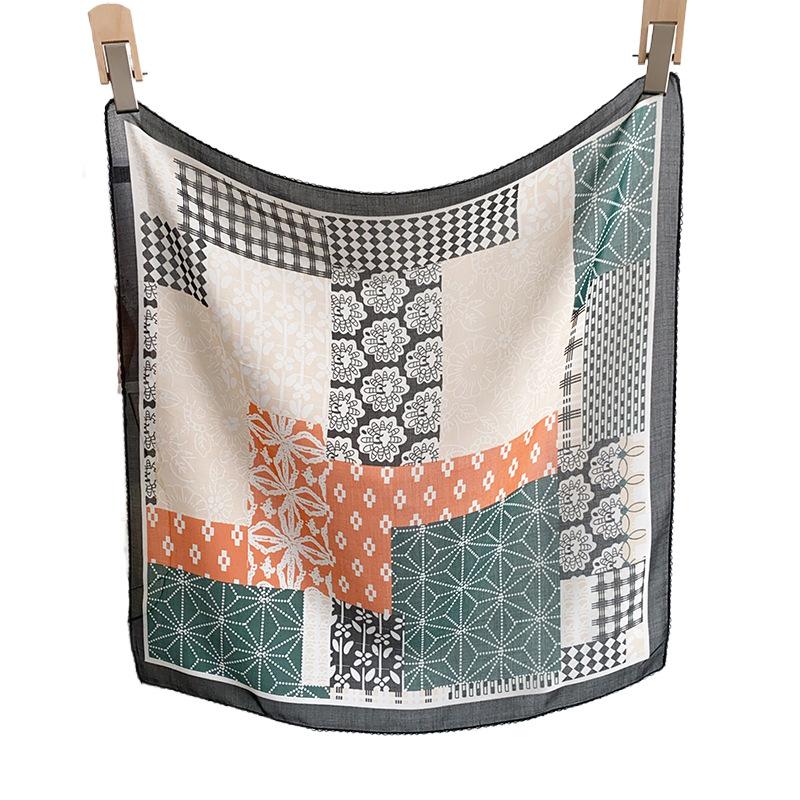 Creative design with a simple color-blocked Bali yarn curved edged square scarf, high-end sun protection, lightweight travel photography paired