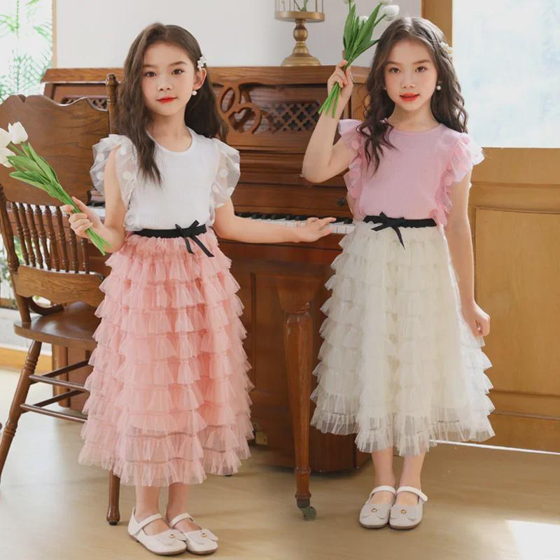Girls' Korean Style Fairy Mesh Midi Skirt - Sweet White Tutu for Children