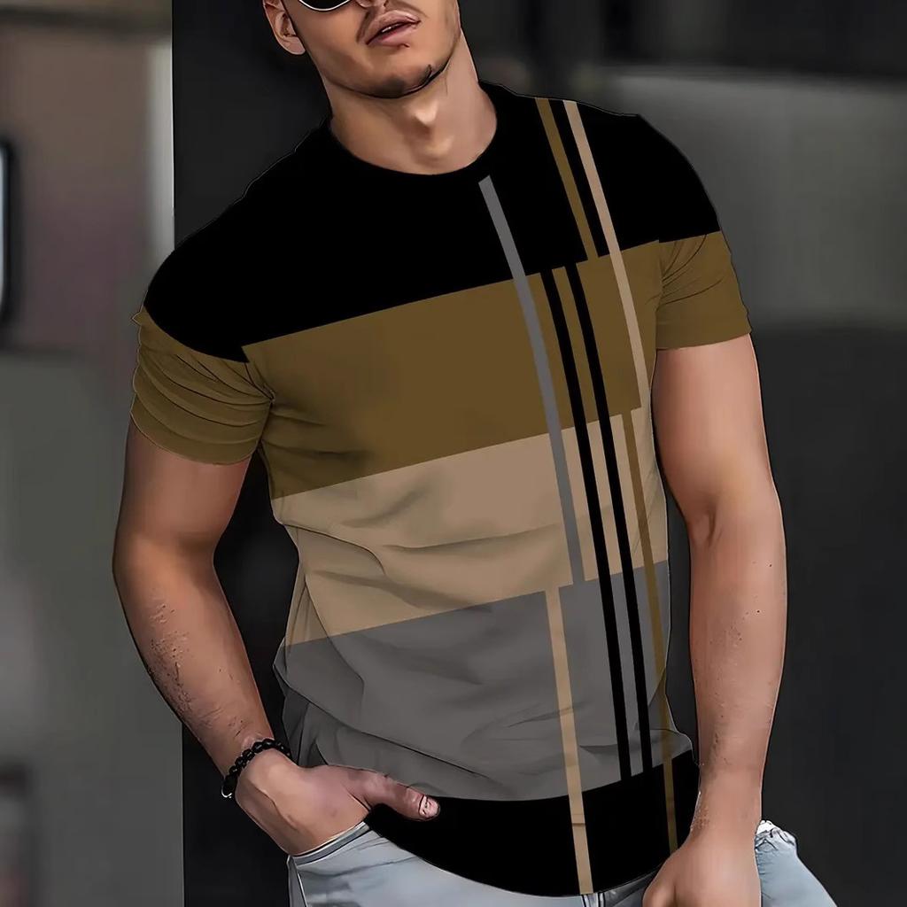 Summer Round Neck Color - Block Striped 3D Print Top Fashionable Casual Short Sleeved Men's T-shirts