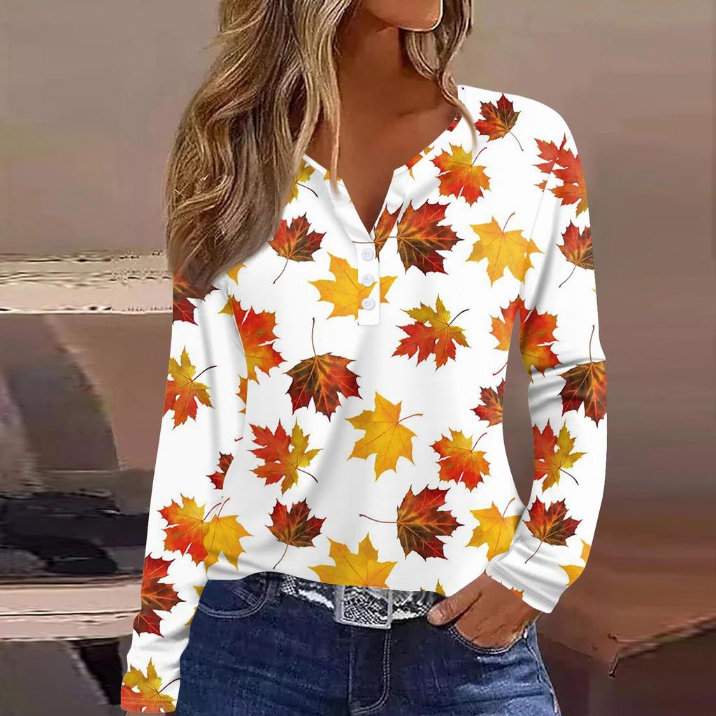 Жен. Футболка Футболка на пуговицах с длинным рукавом Повседневные Выходные Мода Классический Топ с v-образным вырезом Обычный