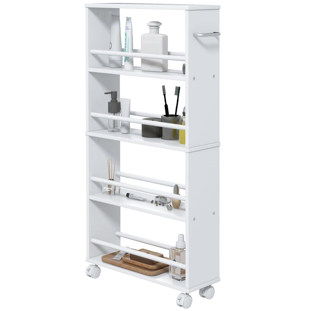 Multifunctional Shelf with Casters, Narrow Design, 4 Compartments, 45x15x91 cm, White