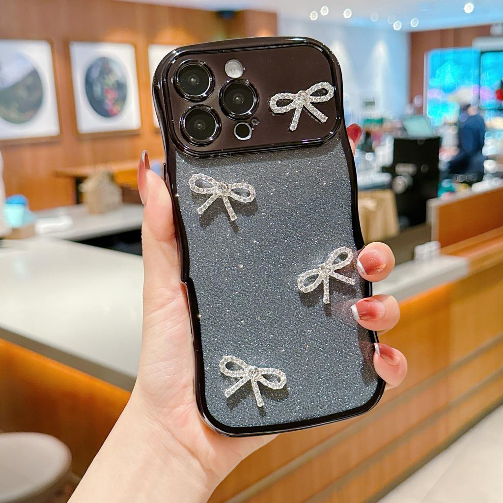 For iPhone 16 Pro Case Electroplated Wavy Frame Glitter TPU Phone Cover with Rhinestone Bow Decor