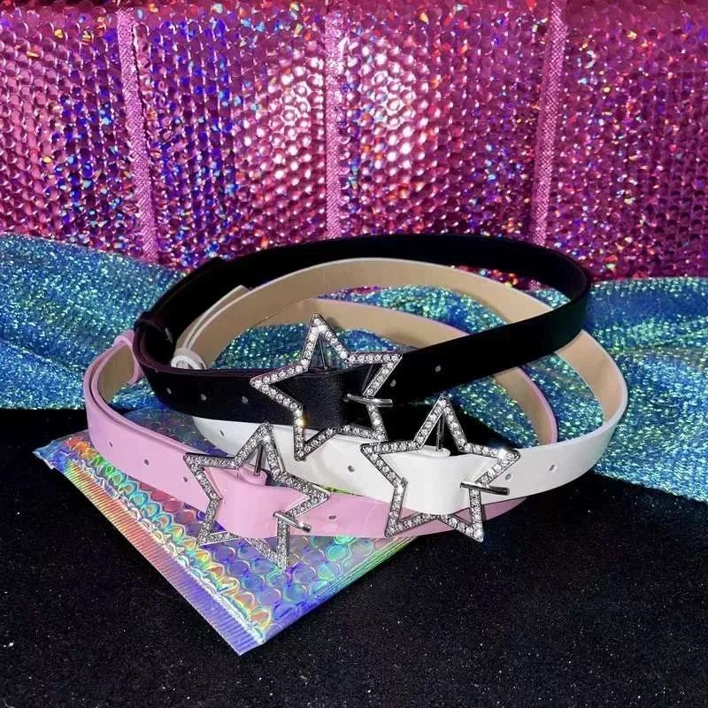Y2K Star Buckle Belt Pink Leather Elastic Beading Decorationed Belt Sparkling Rhinestone Retro Wedding Decoration Accessories