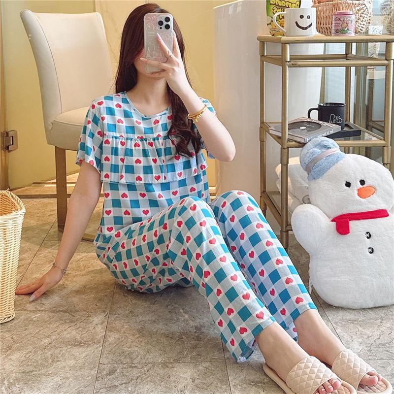 Artificial cotton pajamas women's spring and summer anti-bump cotton and silk loungewear suit summer cute plaid large size pajamas outside wear